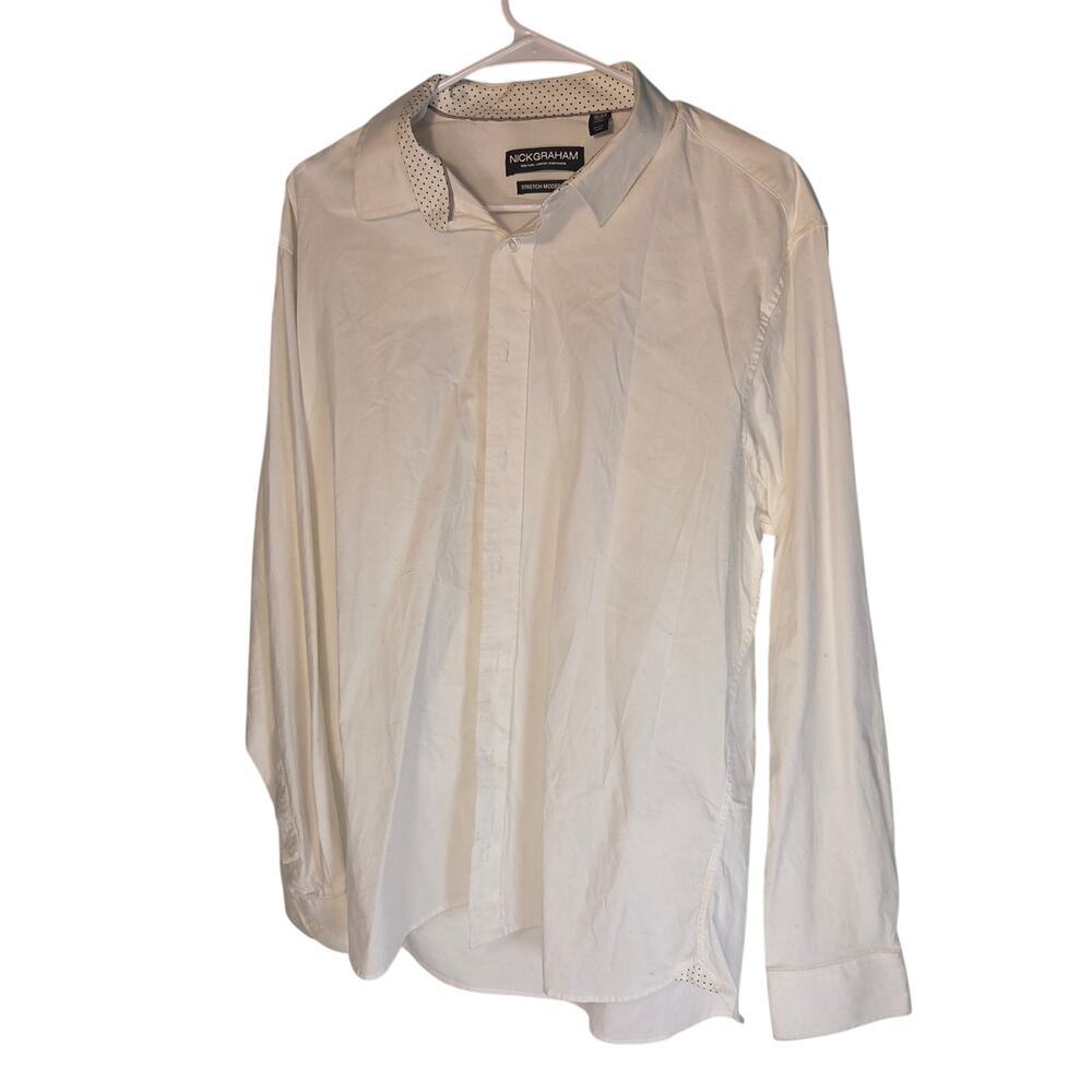 Nick Graham Stretch Modern Fit Dress Shirt White Polka Dot Trim Mens Size XL